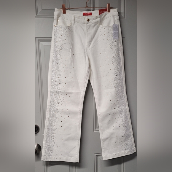 GUESS Los Angeles Rhinestone Kick Flare White Womens Jeans 12/31 Spandex High Ri - Picture 2 of 8